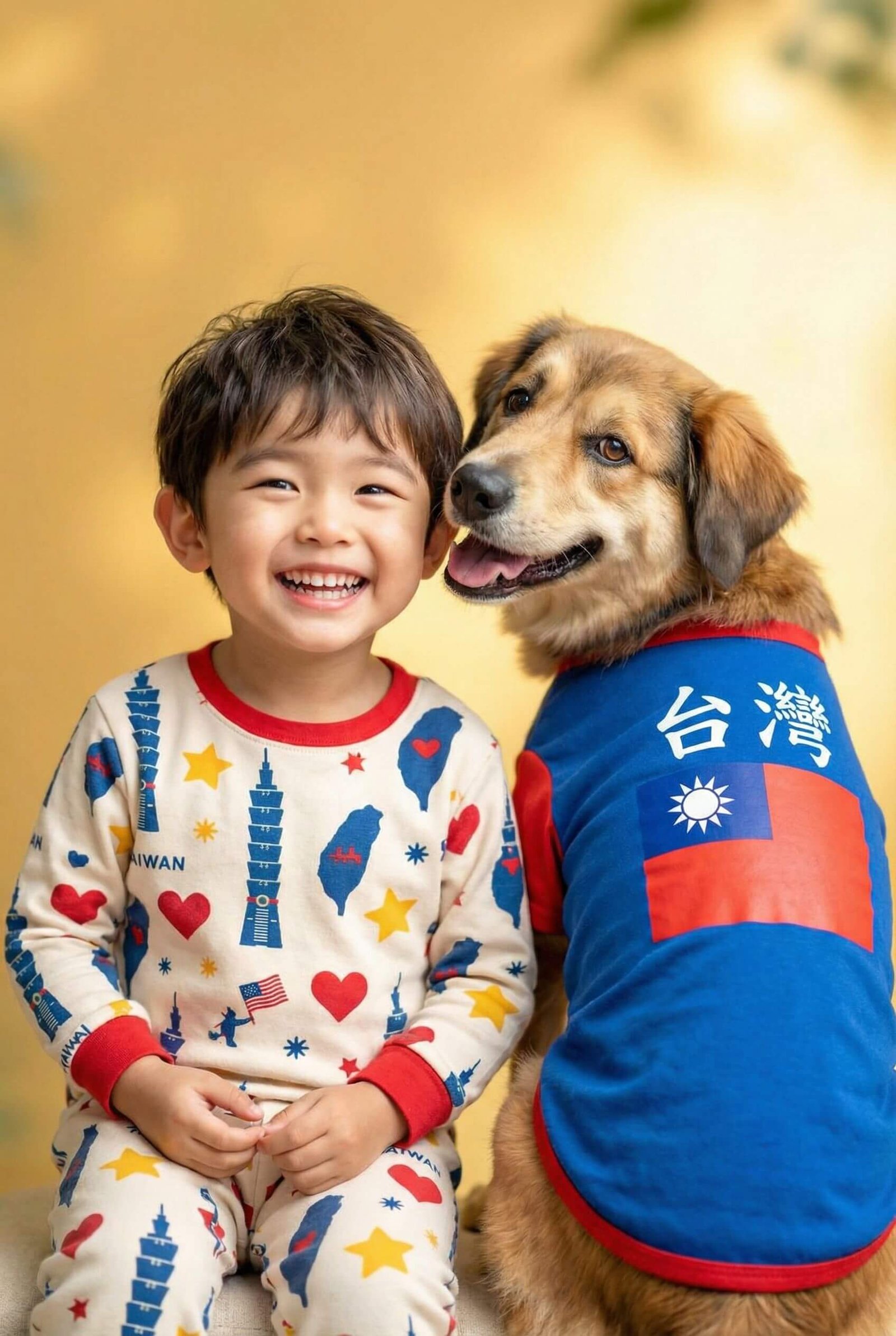 Boy in Taiwan pajamas with dog in Taiwan dog shirt