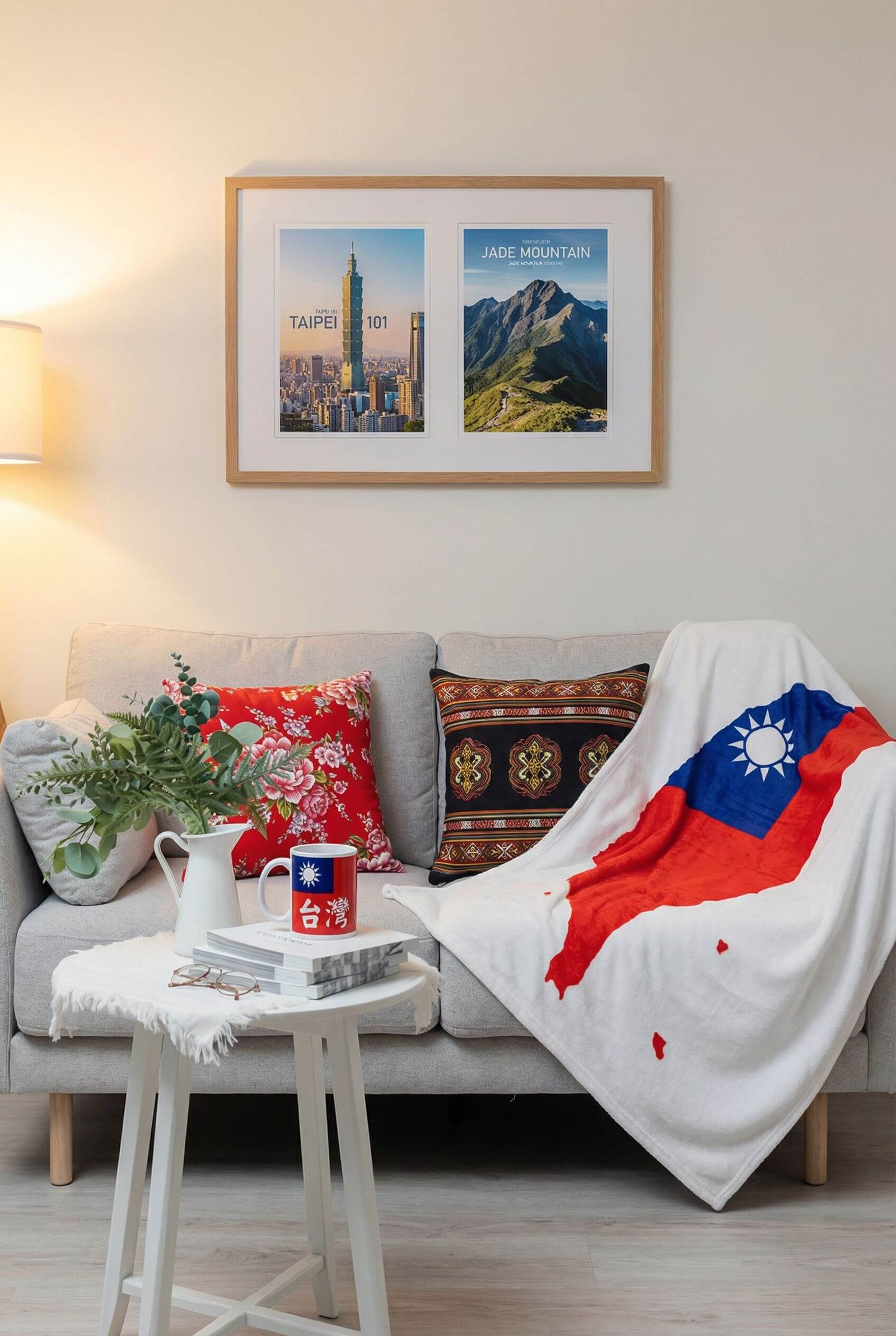 Taiwan-themed living room with wall art, blanket and mug