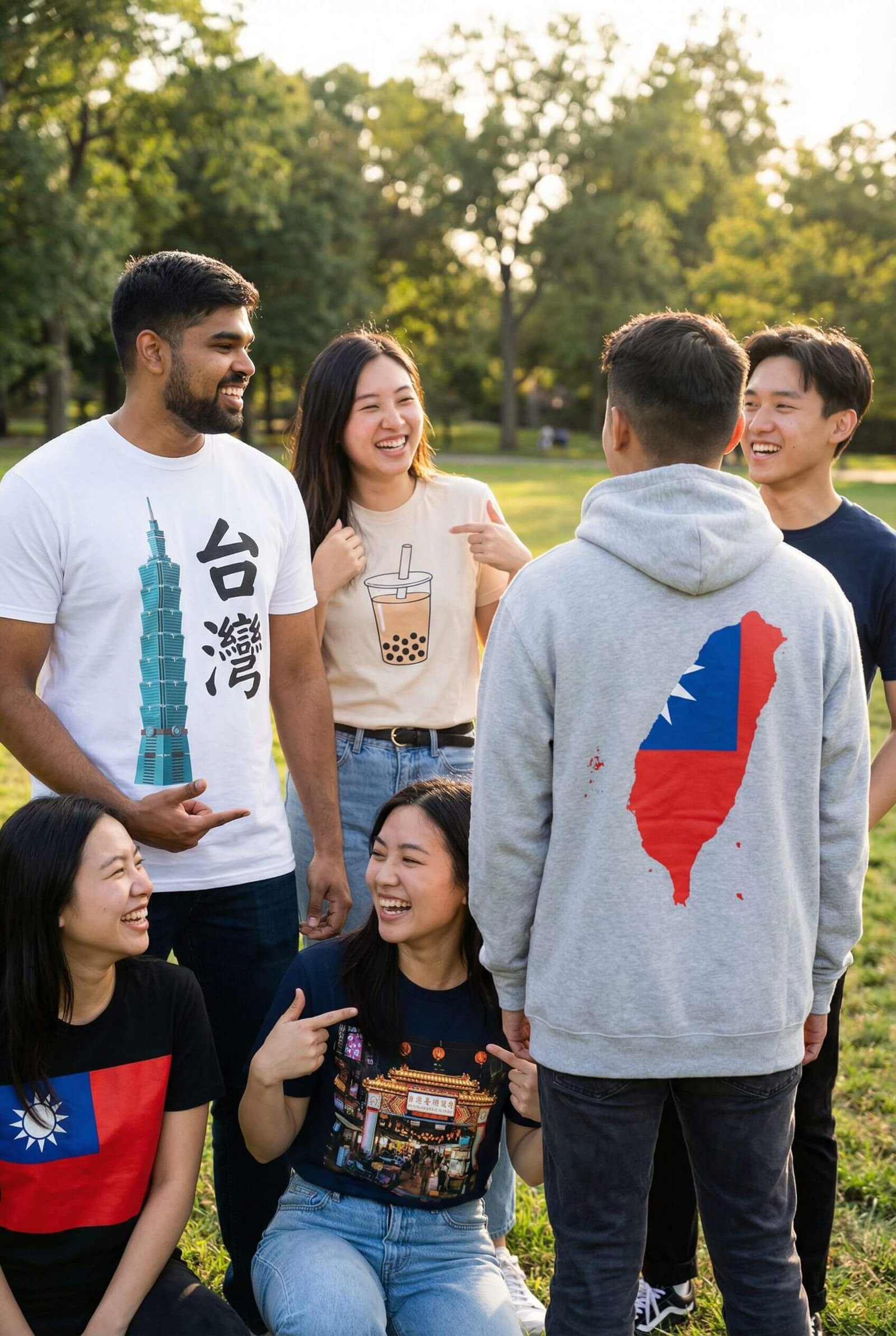 Friends wearing Taiwan-themed t-shirts with Taipei 101 and Taiwan designs