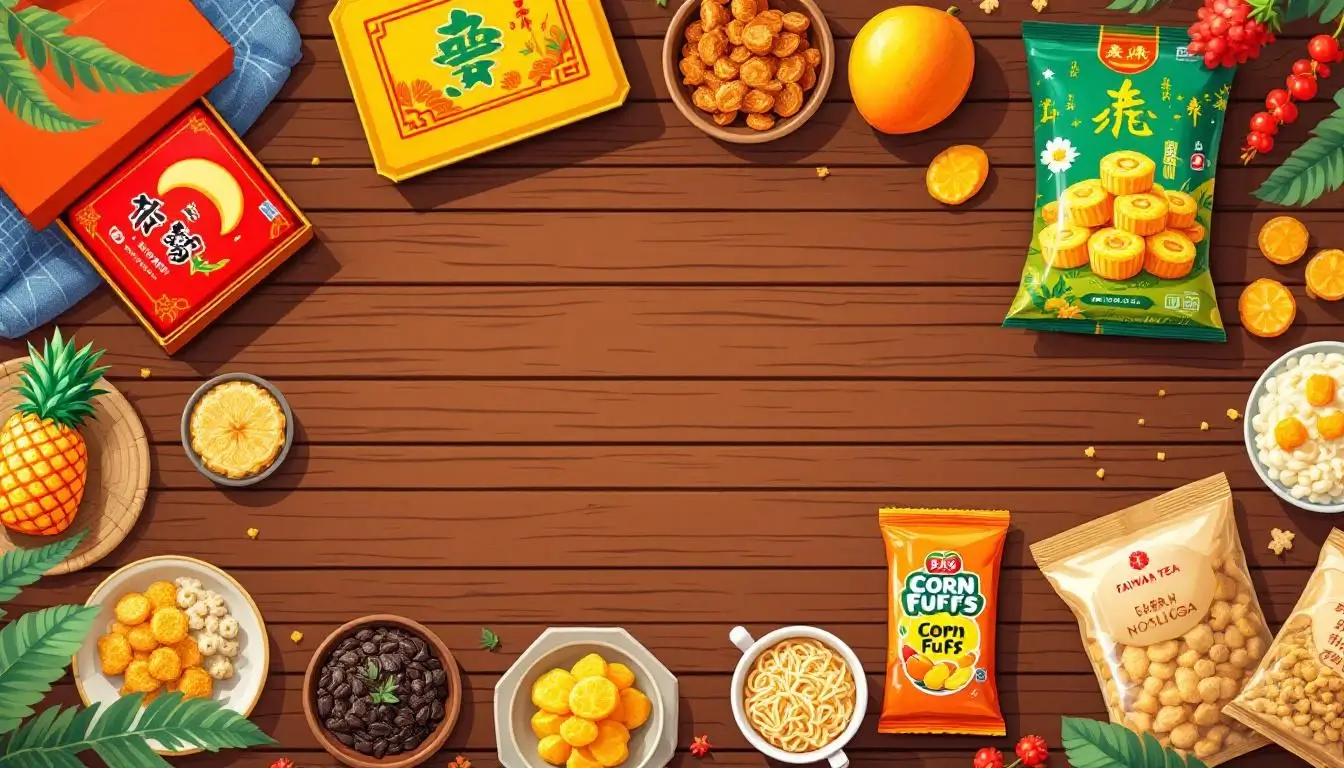 Taiwanese food souvenirs including pineapple cakes, tea, and snacks