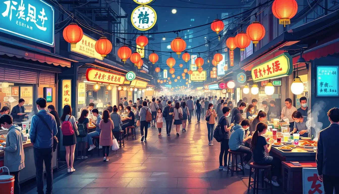 Taipei night market scene with food stalls and lanterns