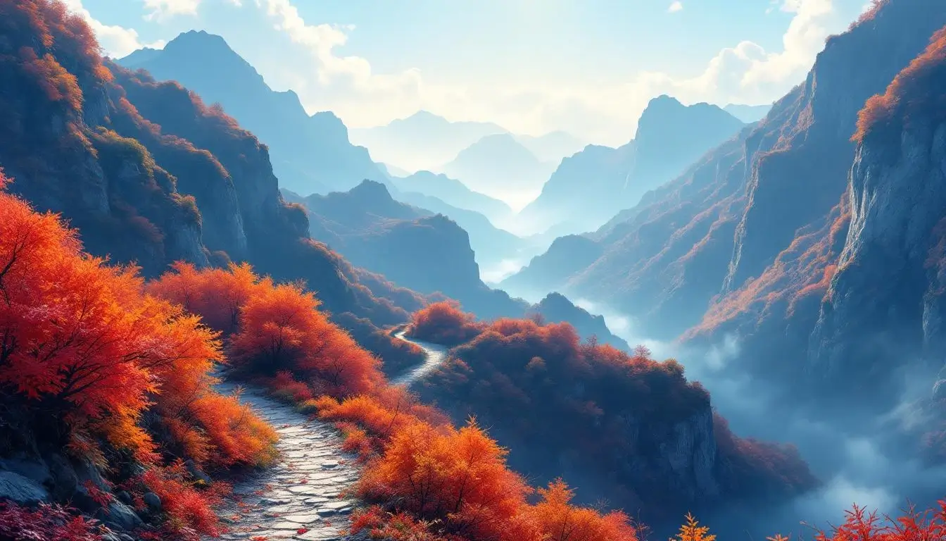 golden autumn foliage on a Taiwan mountain hiking trail