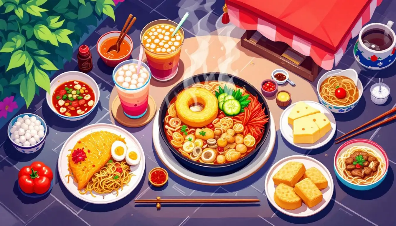 台灣文化美食，包括珍珠奶茶和夜市特色小吃