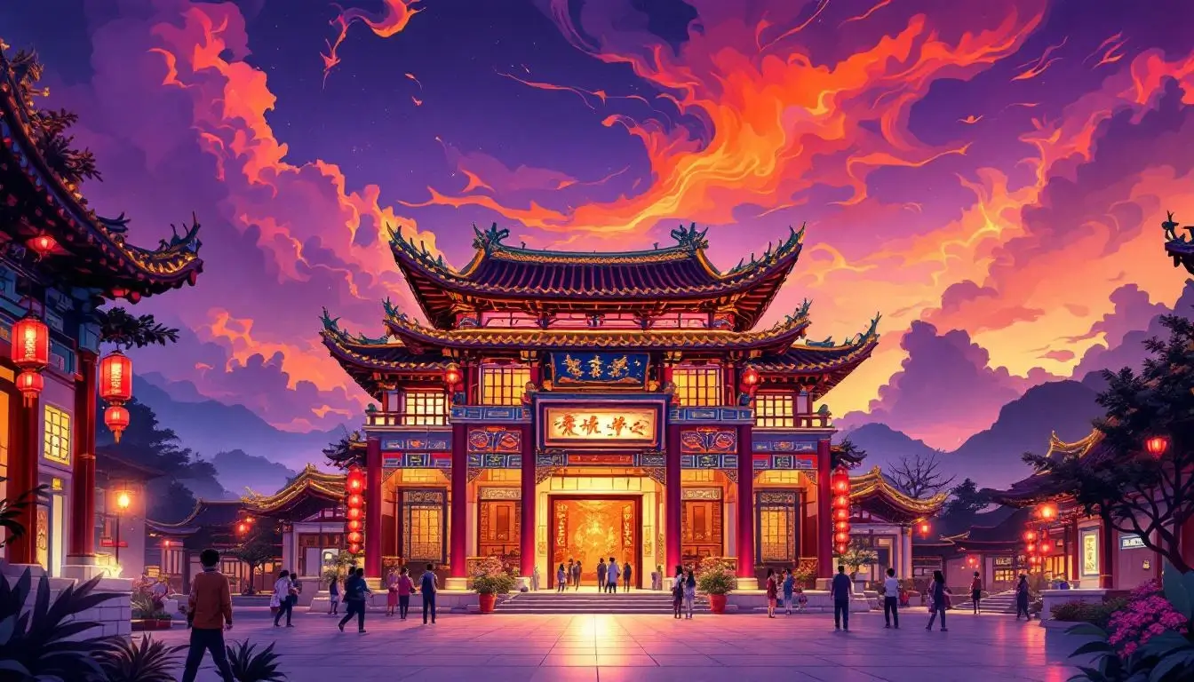 台灣文化寺廟，有紅燈籠和龍雕