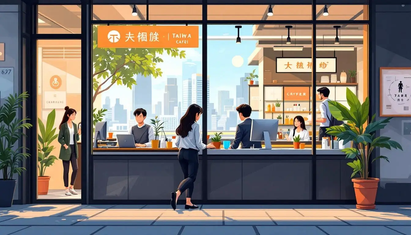Young Taiwanese professionals in a bilingual Taipei office with English and Chinese signage