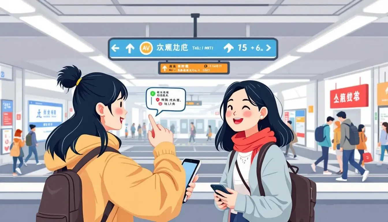Tourist asking for directions at a Taipei MRT station with bilingual signs