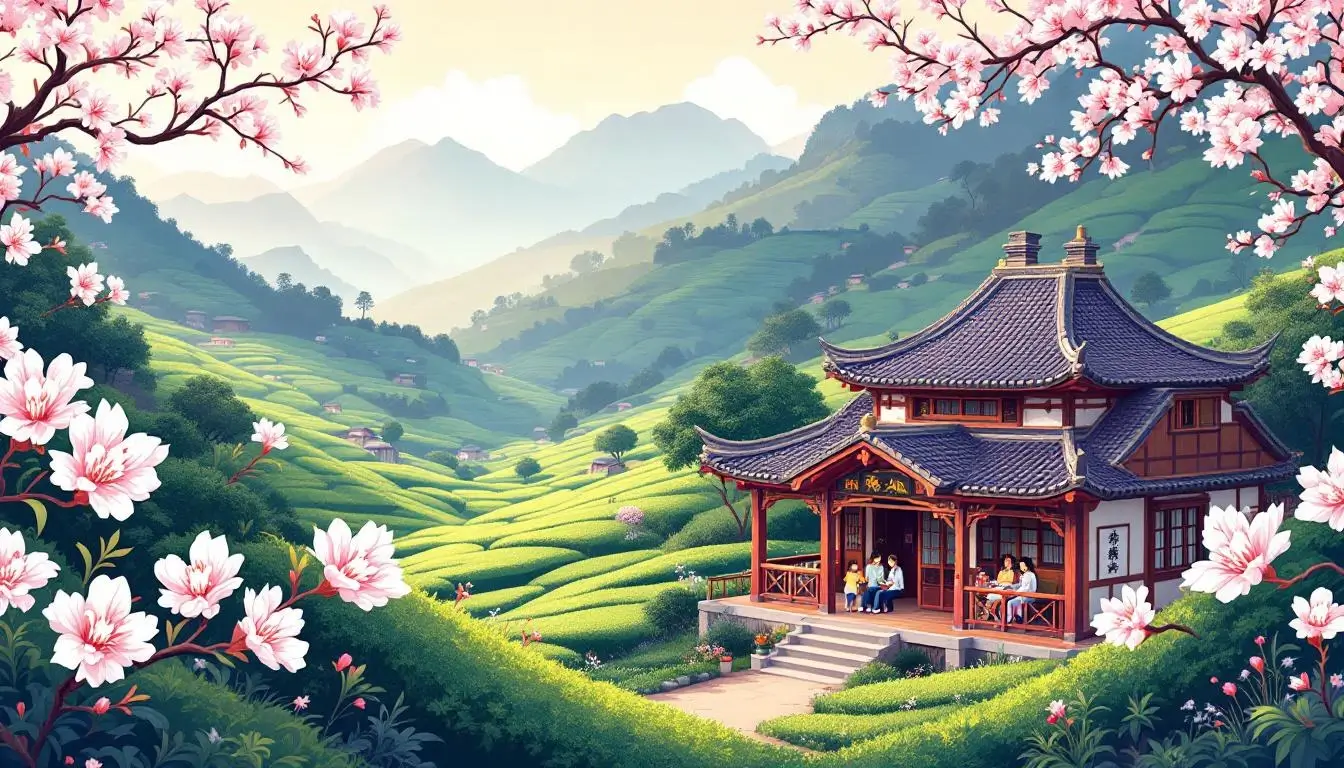 Hakka village in Taiwan mountains with terraced tea fields and tung blossoms