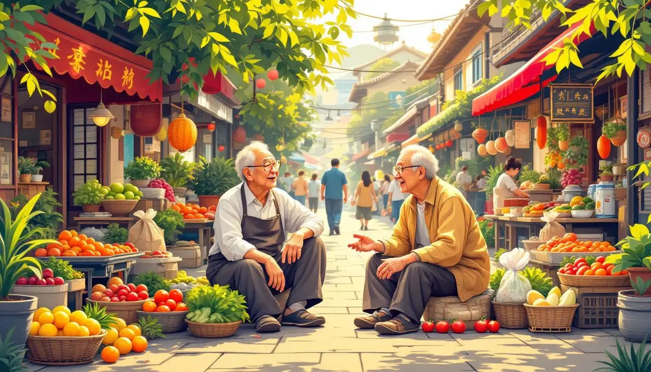 Taiwanese people chatting at a traditional morning market in southern Taiwan