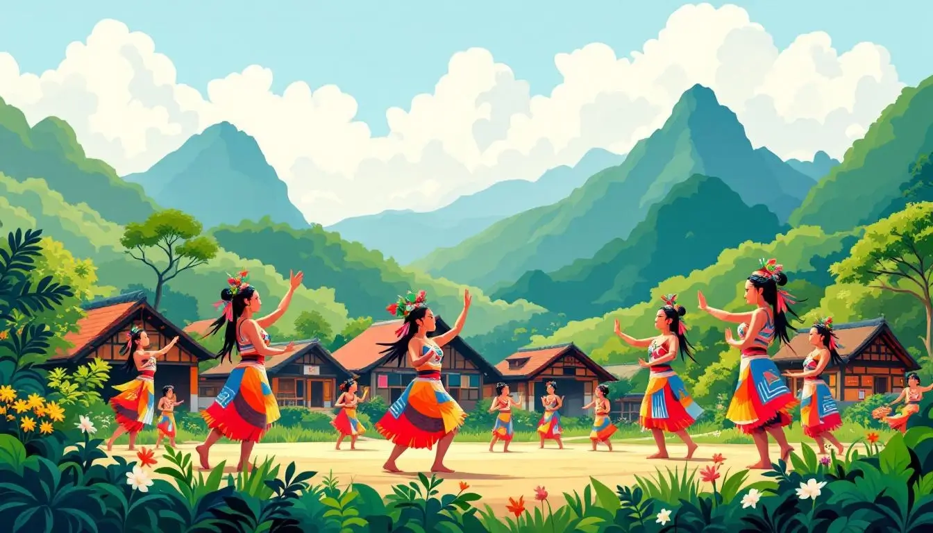 Taiwan indigenous tribal ceremony with Amis dancers in colorful traditional regalia
