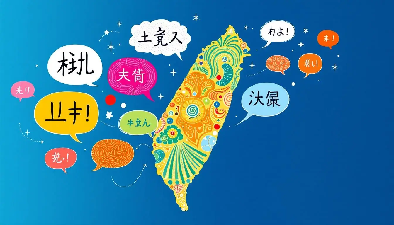 Diverse speech bubbles representing Taiwan's many languages floating above the island