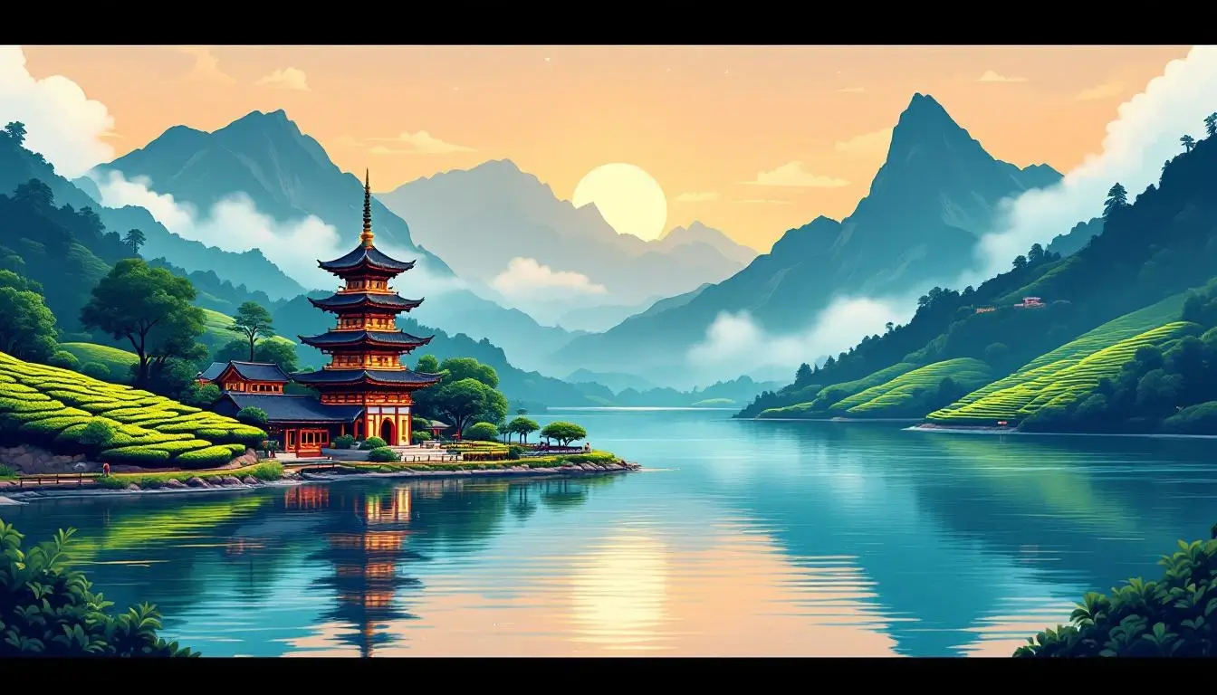 日月潭，台灣，山巒疊嶂，茶園遍佈