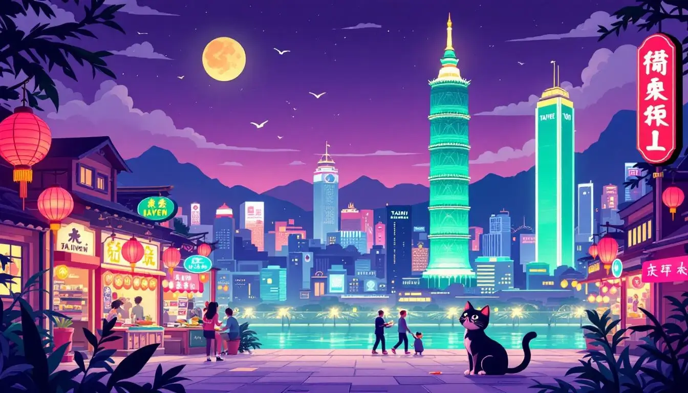 台北城市景觀，包括台北101大樓和九份燈籠