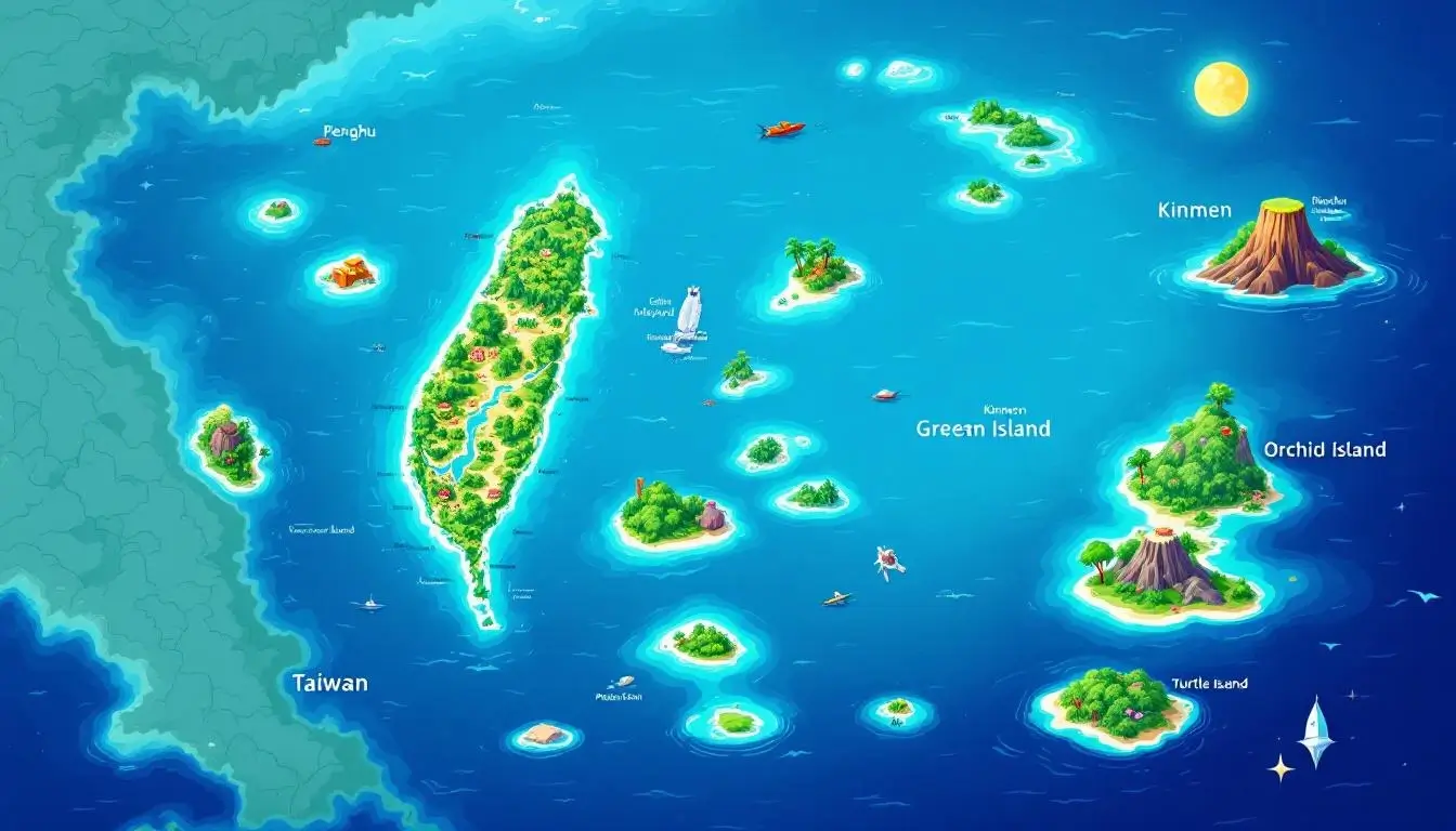 台灣離島地圖，顯示澎湖、金門、綠島、蘭嶼