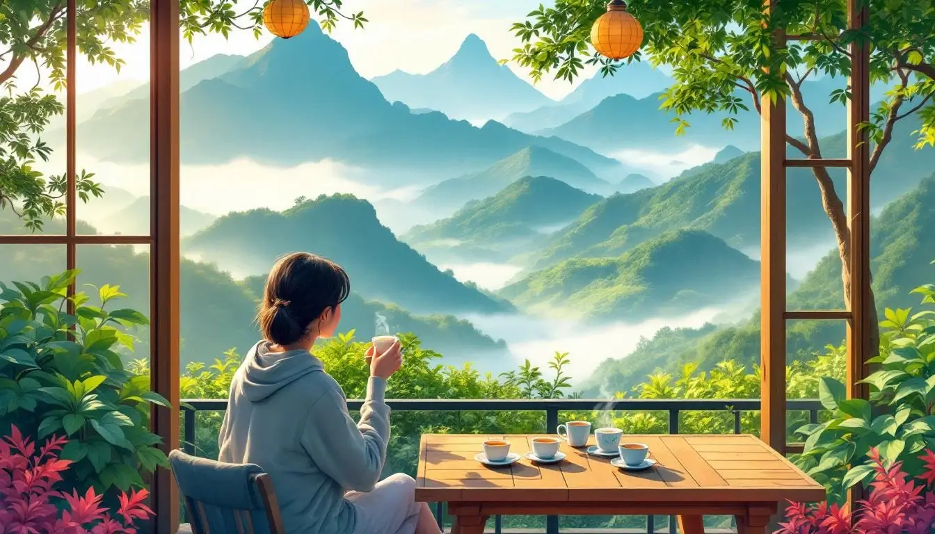 在台灣一邊欣賞山景一邊品嚐烏龍茶