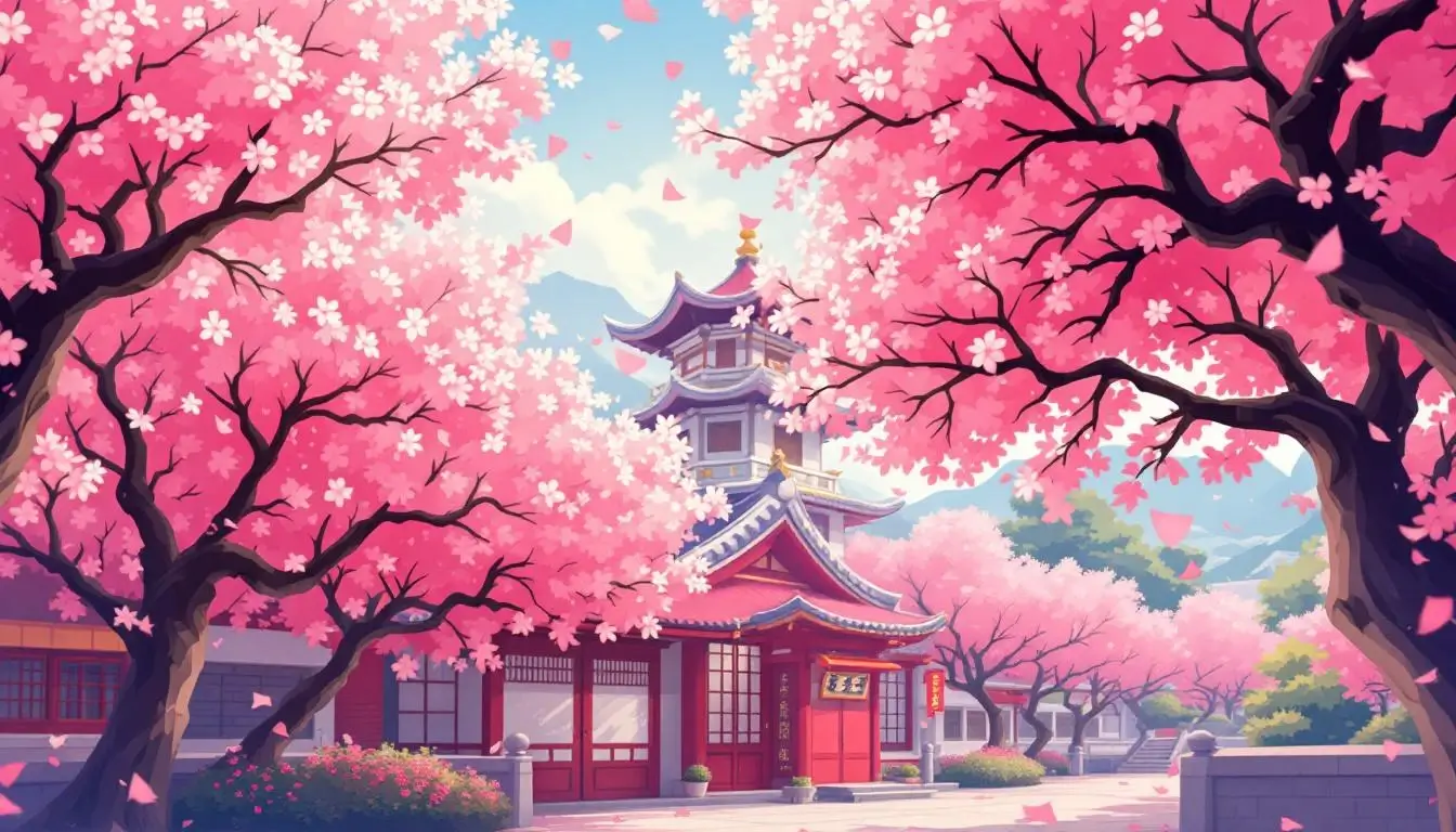 cherry blossoms at a traditional Taiwan temple in spring