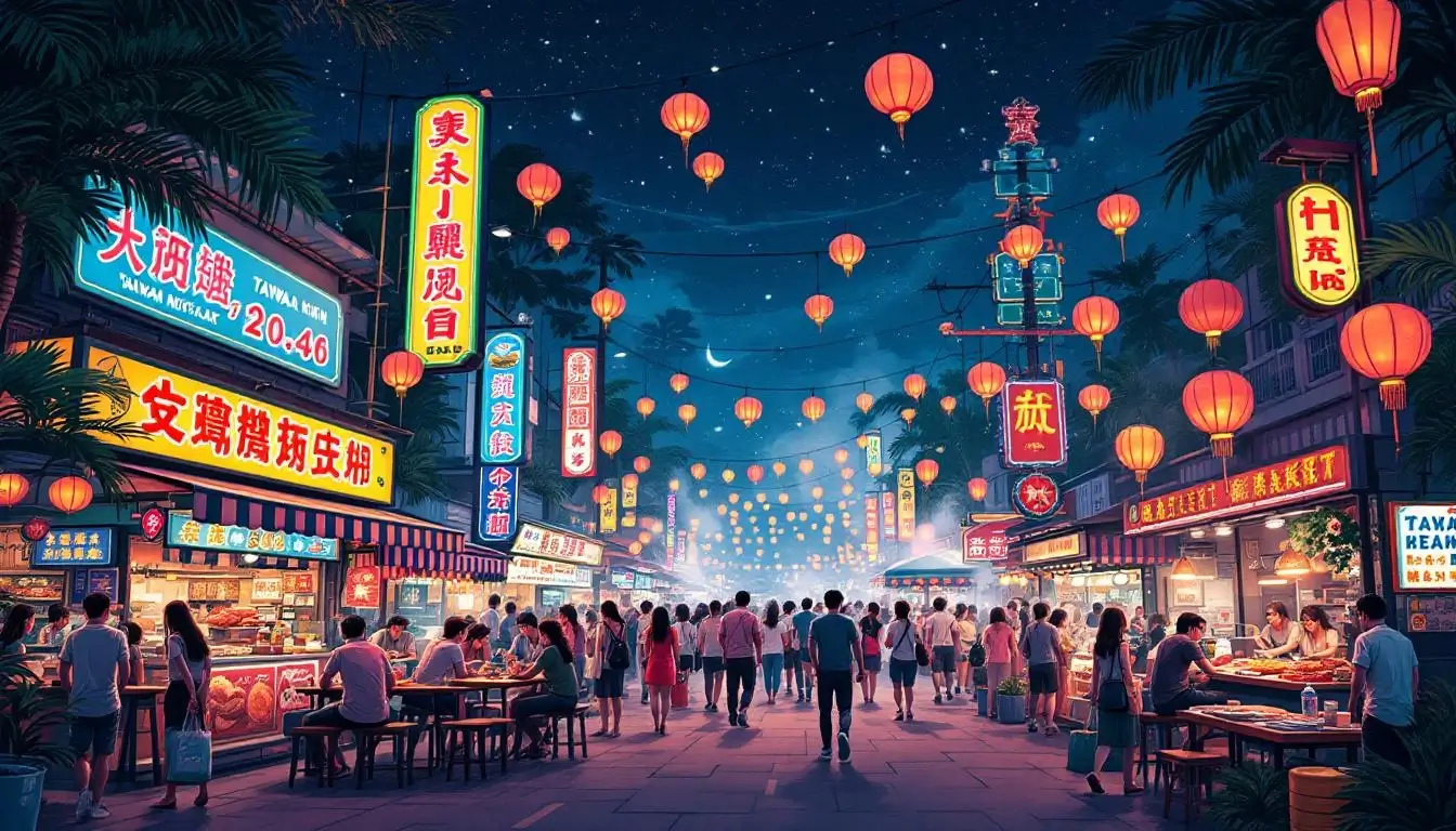 bustling Taiwan night market on a hot summer evening