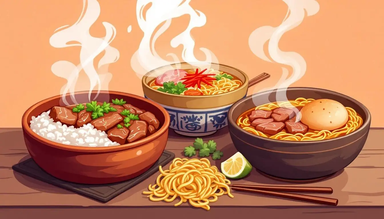 classic Taiwanese comfort dishes including braised pork rice and beef noodle soup