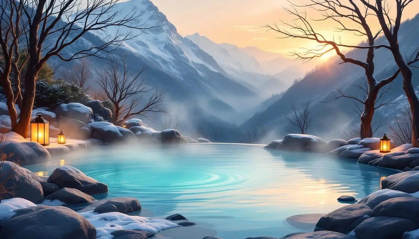 steaming hot spring in Taiwan mountains during winter