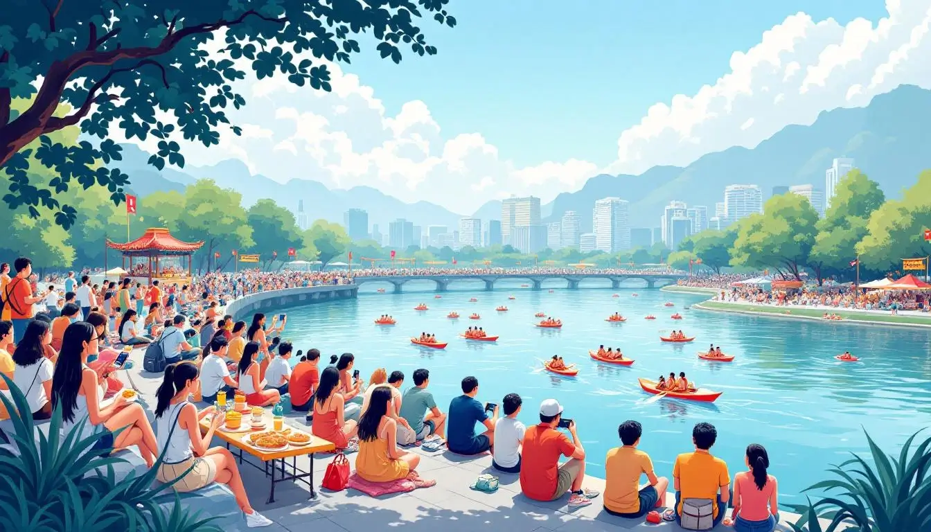 Visitors enjoying Dragon Boat Festival celebrations at a riverside park in Taiwan