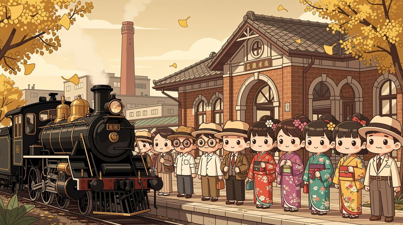 1930年日據時期台灣火車站,蒸汽機車和旅客。