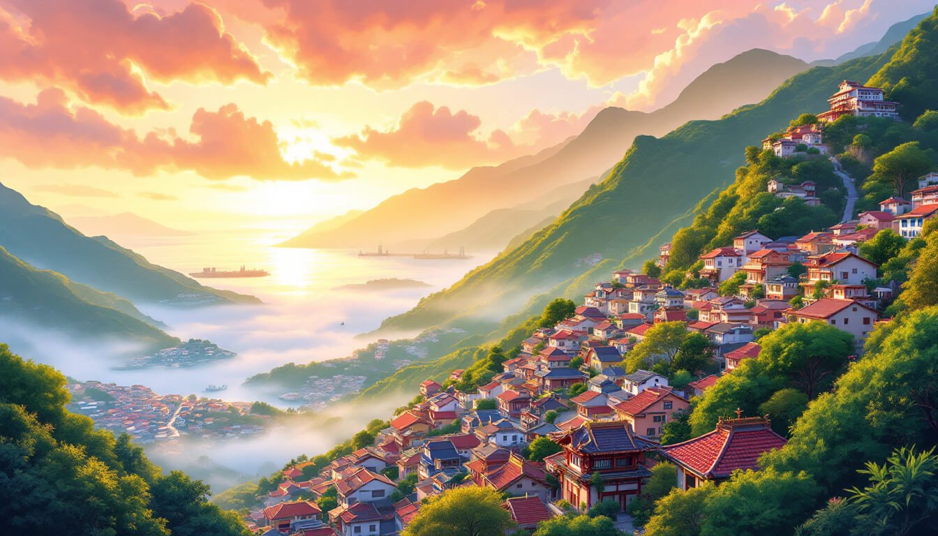Jiufen Taiwan mountain town aerial view above the Pacific Ocean
