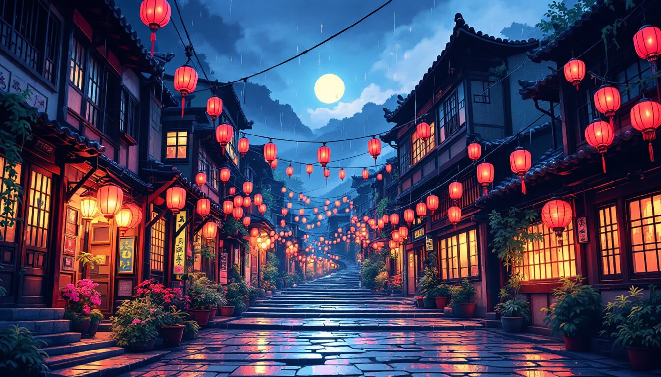 Jiufen Taiwan red lanterns at twilight