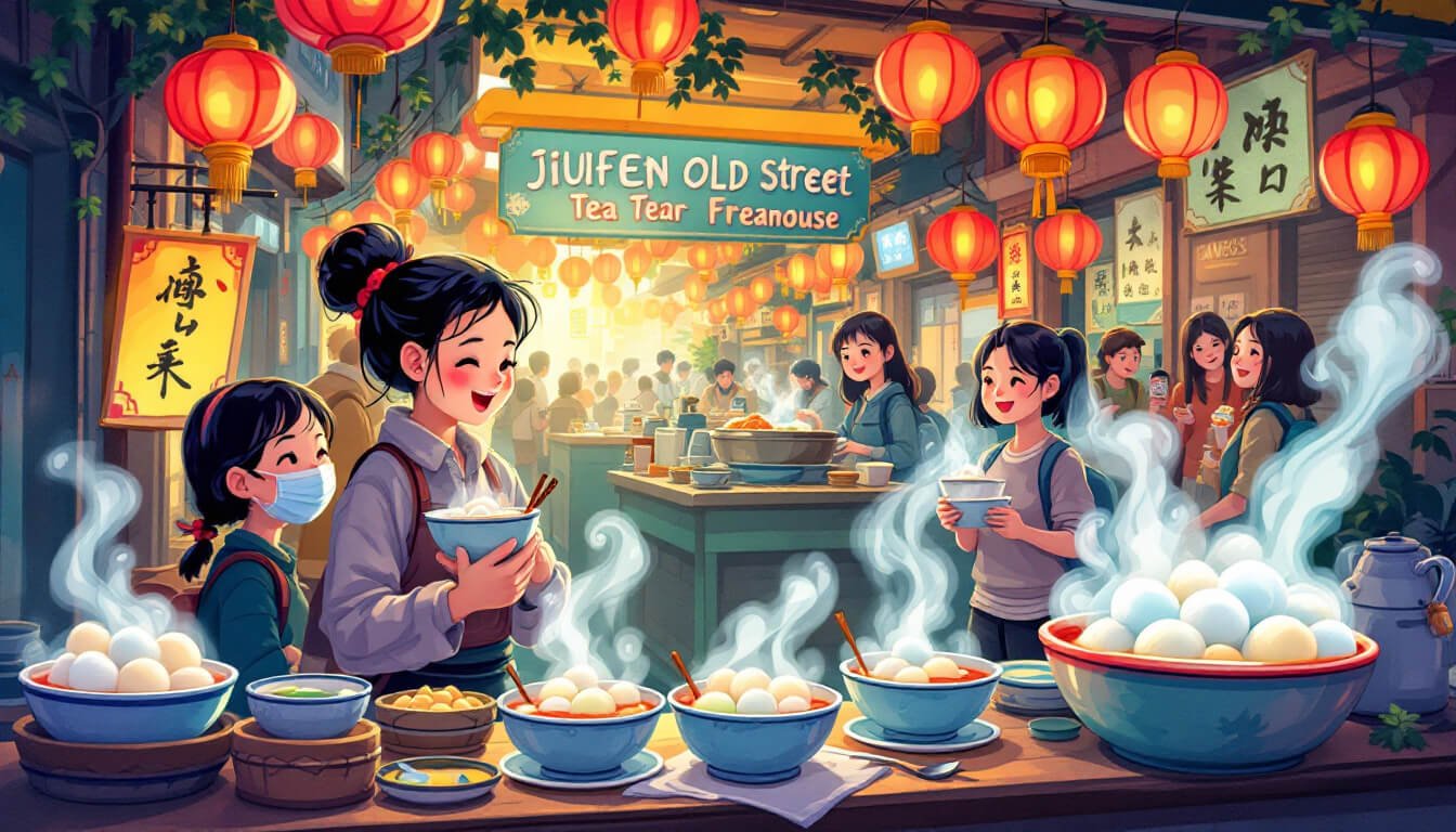 Jiufen Taiwan Old Street taro balls and lanterns