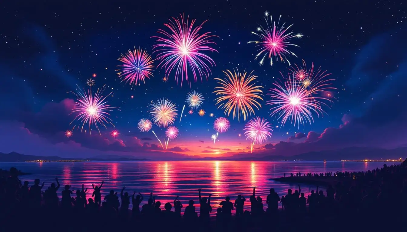 Penghu International Fireworks Festival over ocean at night