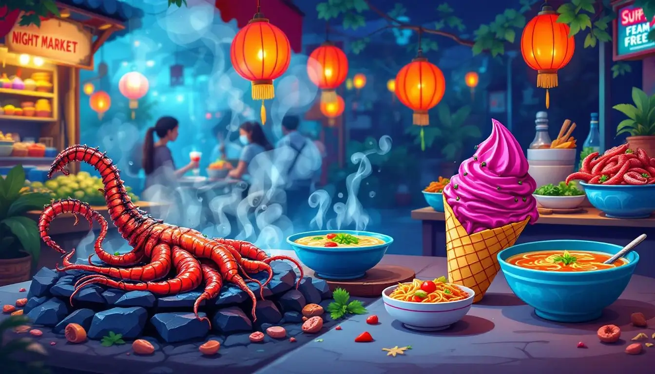 Penghu night market food with grilled squid and cactus ice cream