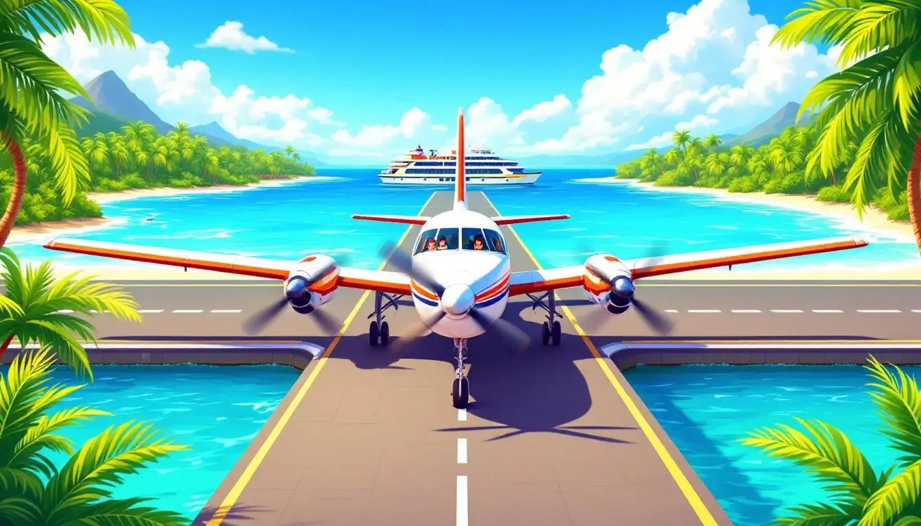 Airplane landing on Penghu island with ferry in harbor