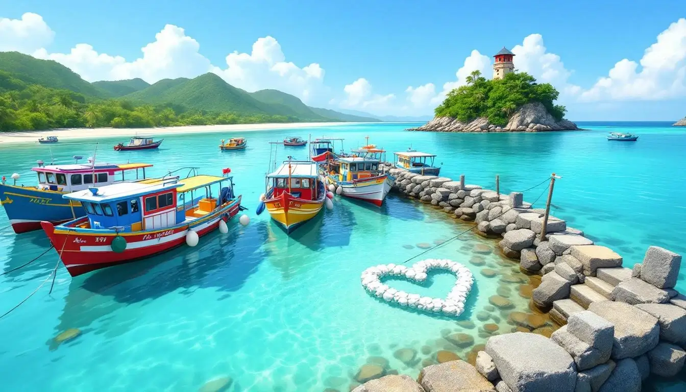 Colorful boats and heart-shaped stone weir in Penghu outer islands