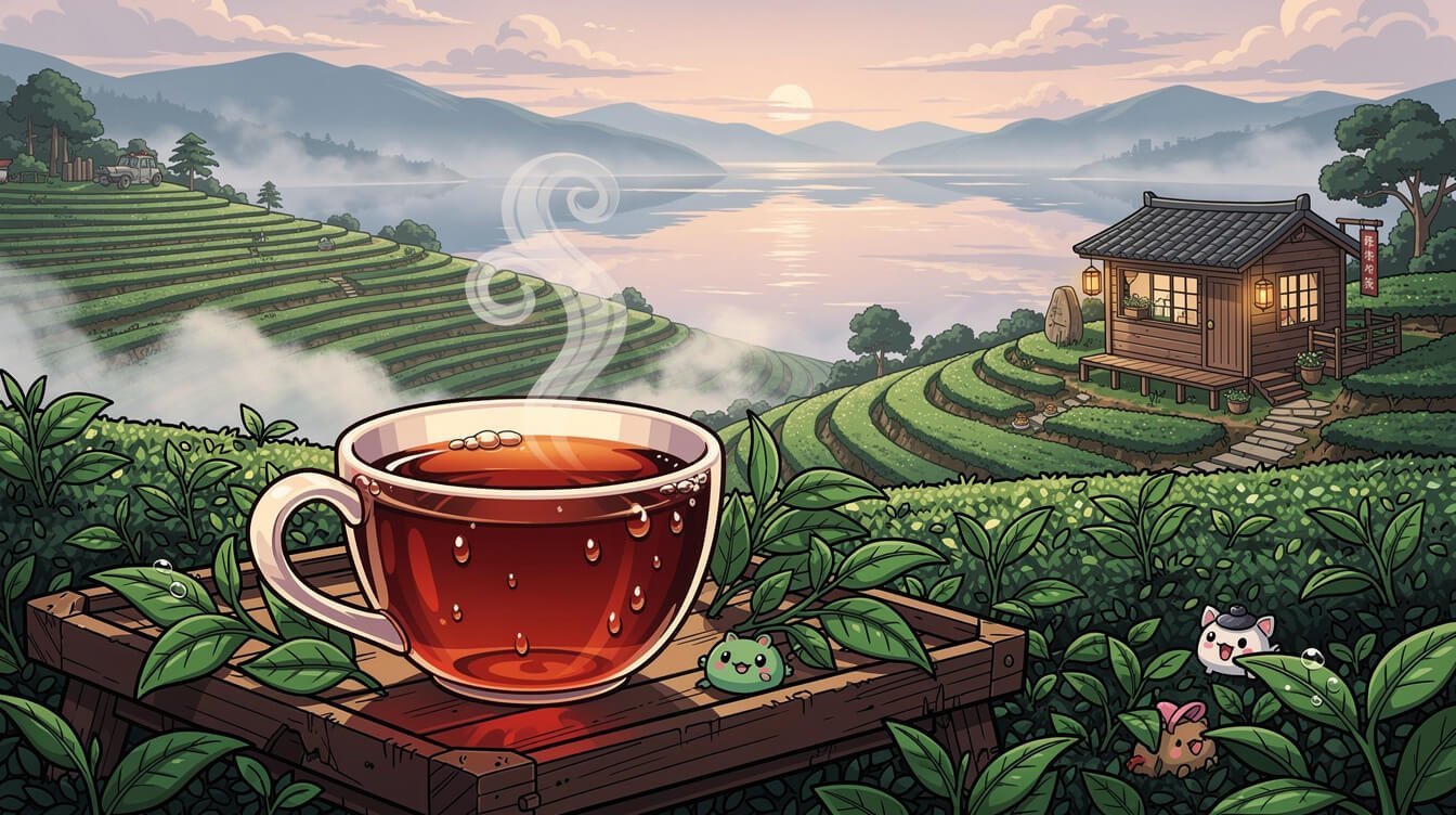 Sun Moon Lake Taiwan black tea in tea gardens on misty lakeside hills