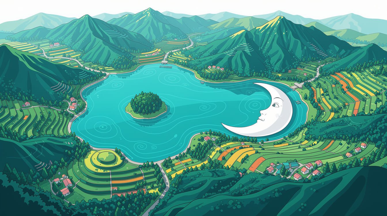 sun moon lake taiwan aerial illustration showing the sun and crescent moon shape