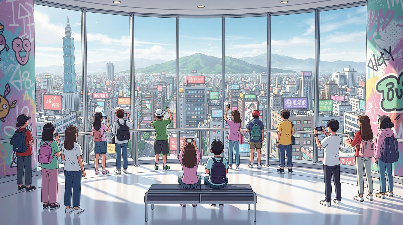 taipei 101 observation deck interior with visitors looking out at the Taipei skyline