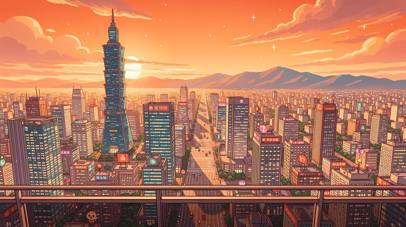 Taipei skyline at golden hour from the Taipei 101 observation deck