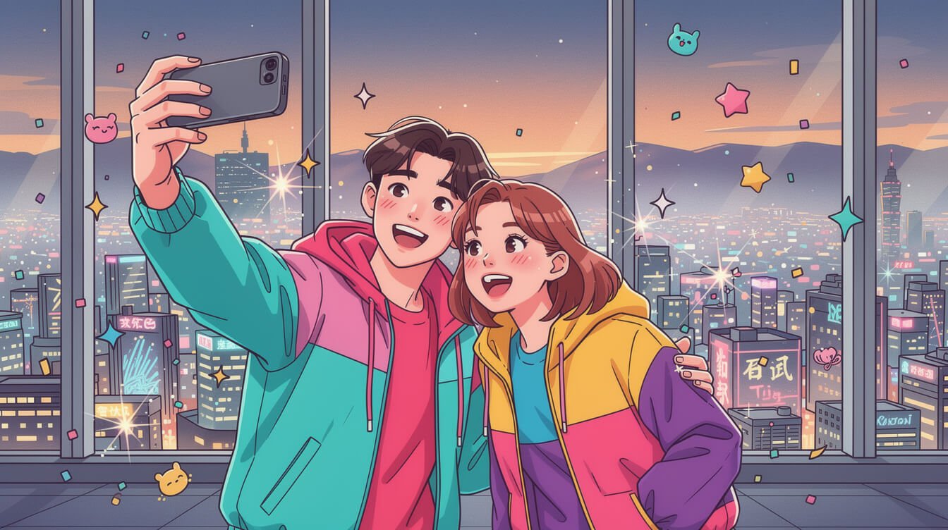 couple taking selfie at the Taipei 101 observation deck