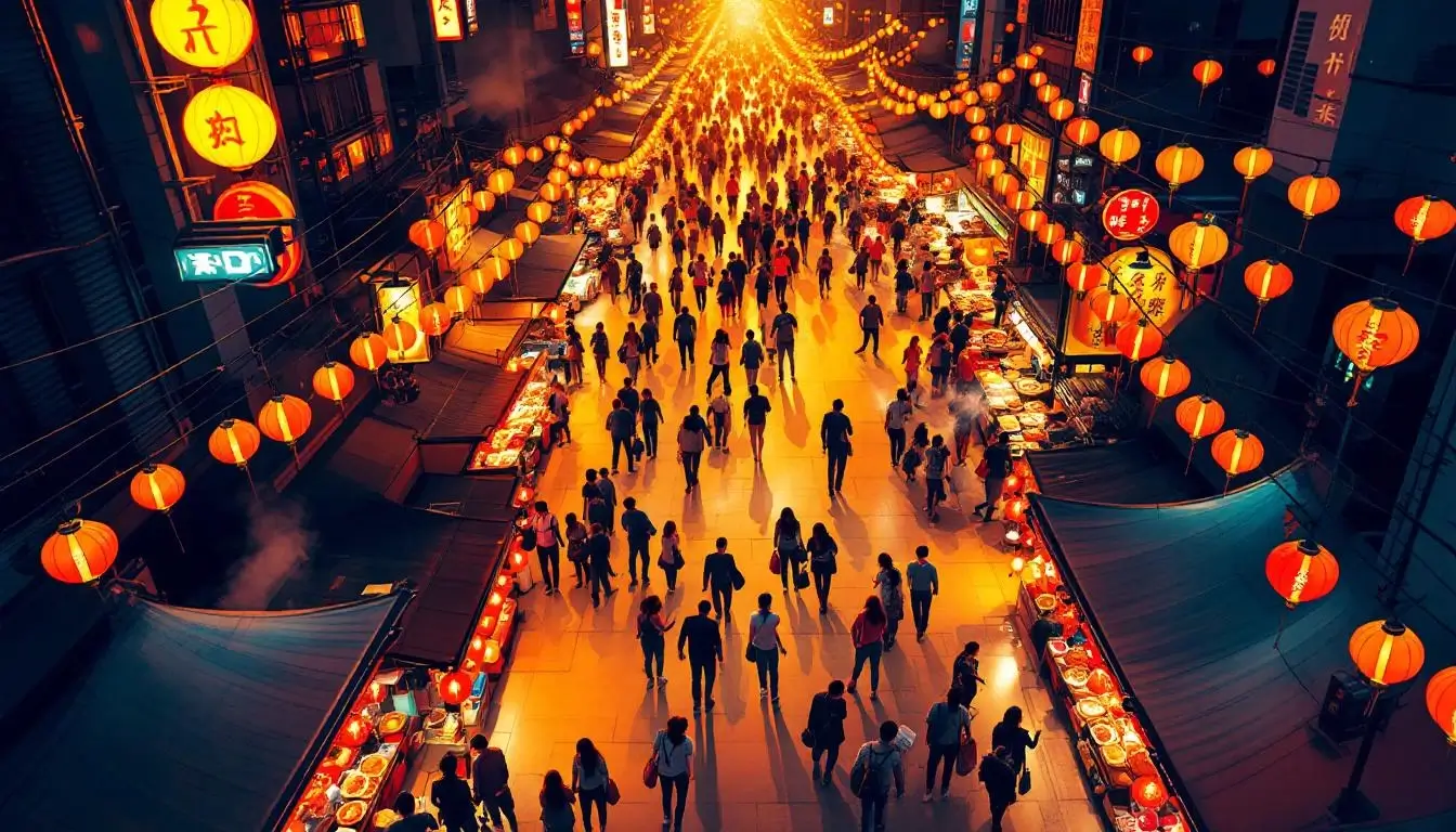 taipei street food night markets aerial view with glowing lanterns