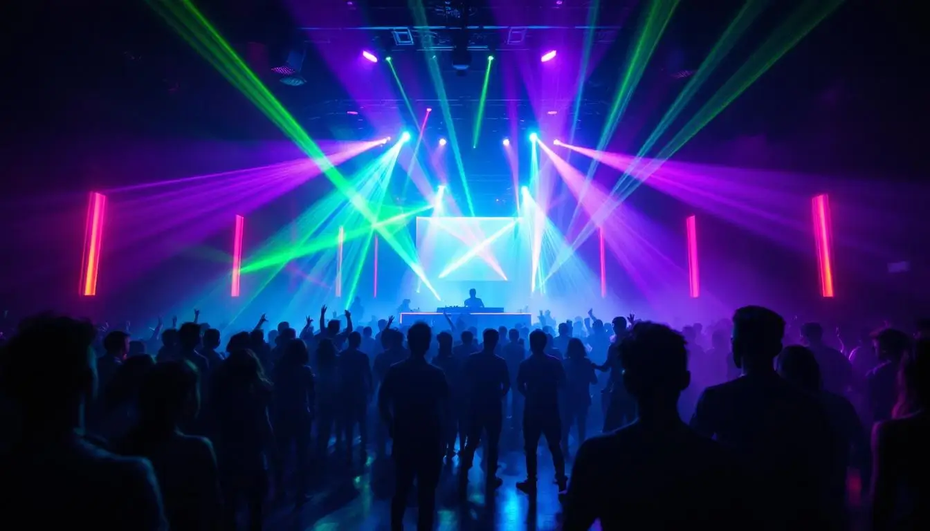 energetic nightclub dance floor in Taipei with colorful LED lights