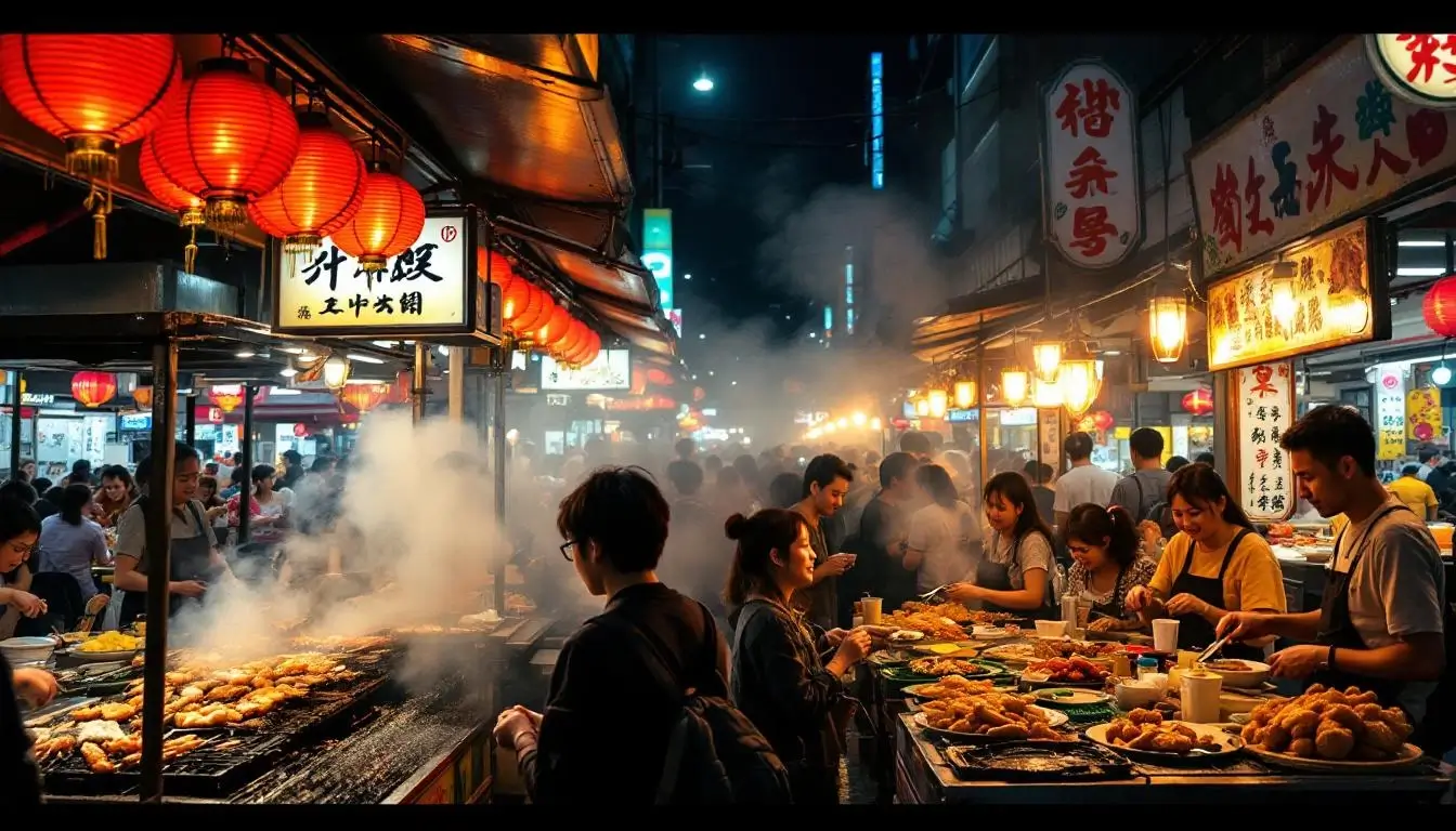 bustling Taipei night market with food stalls, red lanterns, and crowds