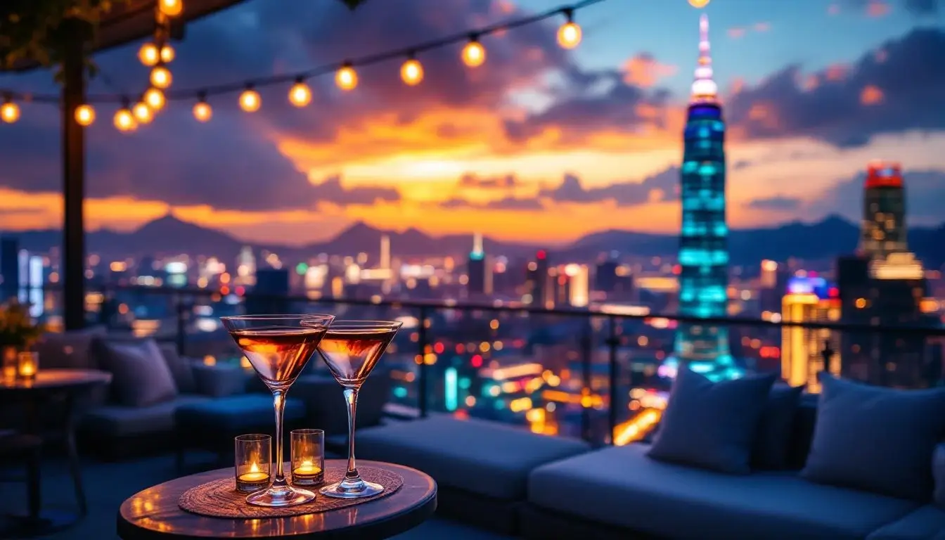 rooftop bar overlooking Taipei 101 at night