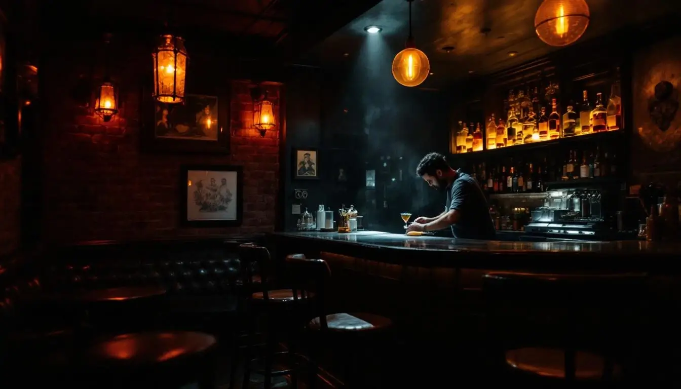 speakeasy bar interior in Taipei with moody amber lighting and craft cocktails