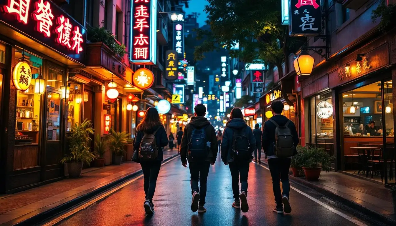 neon-lit alley in Taipei at night with bars and cafes