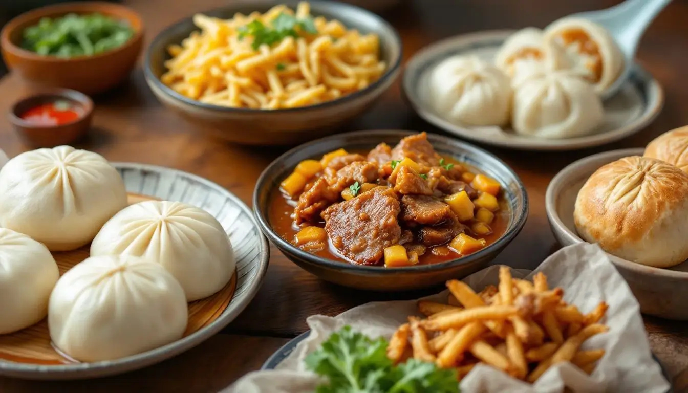 taipei street food essential dishes including hu jiao bing, lu rou fan, and xiao long bao