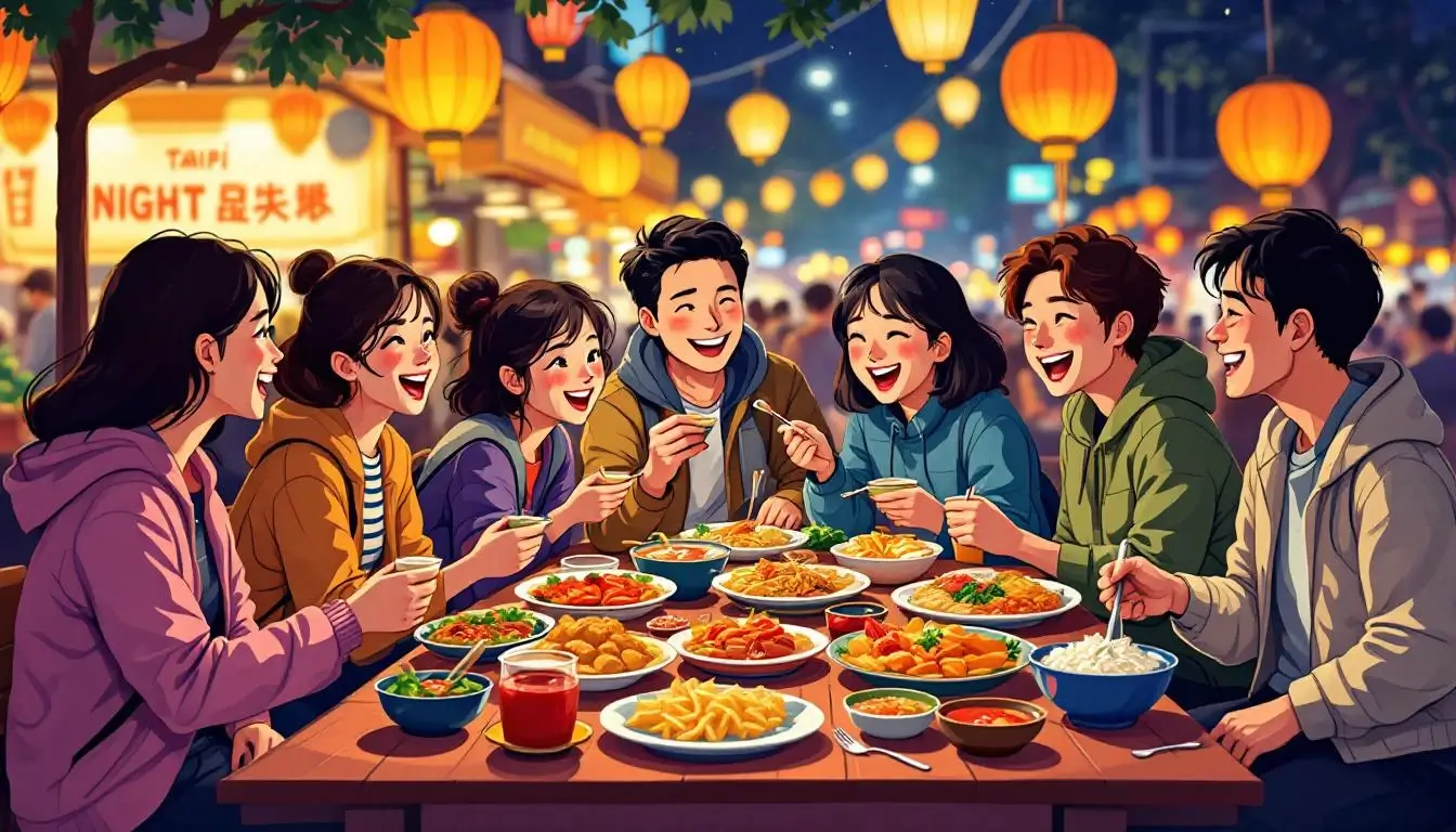 Happy travelers eating taipei street food at communal table