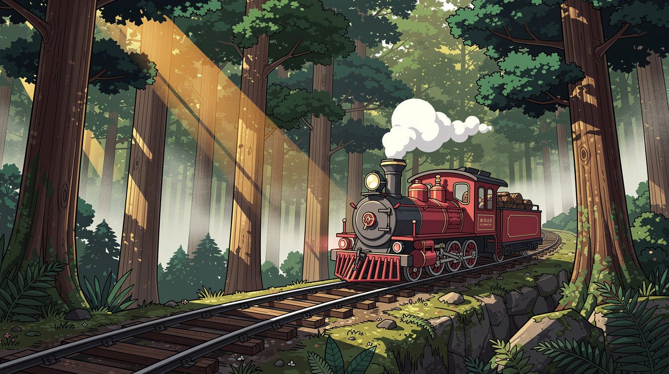 red Alishan Forest Railway train winding through cypress forest