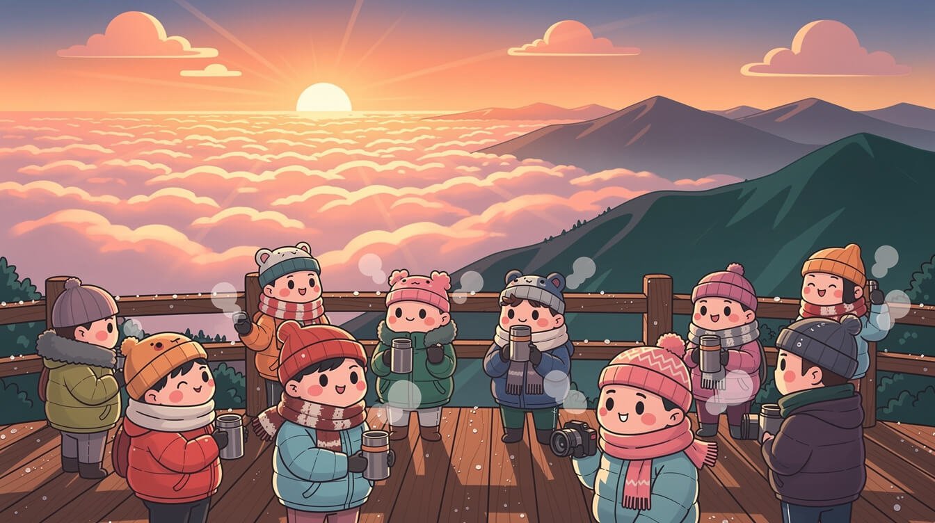 taiwan alishan sunrise platform with sea of clouds at Zhushan viewpoint