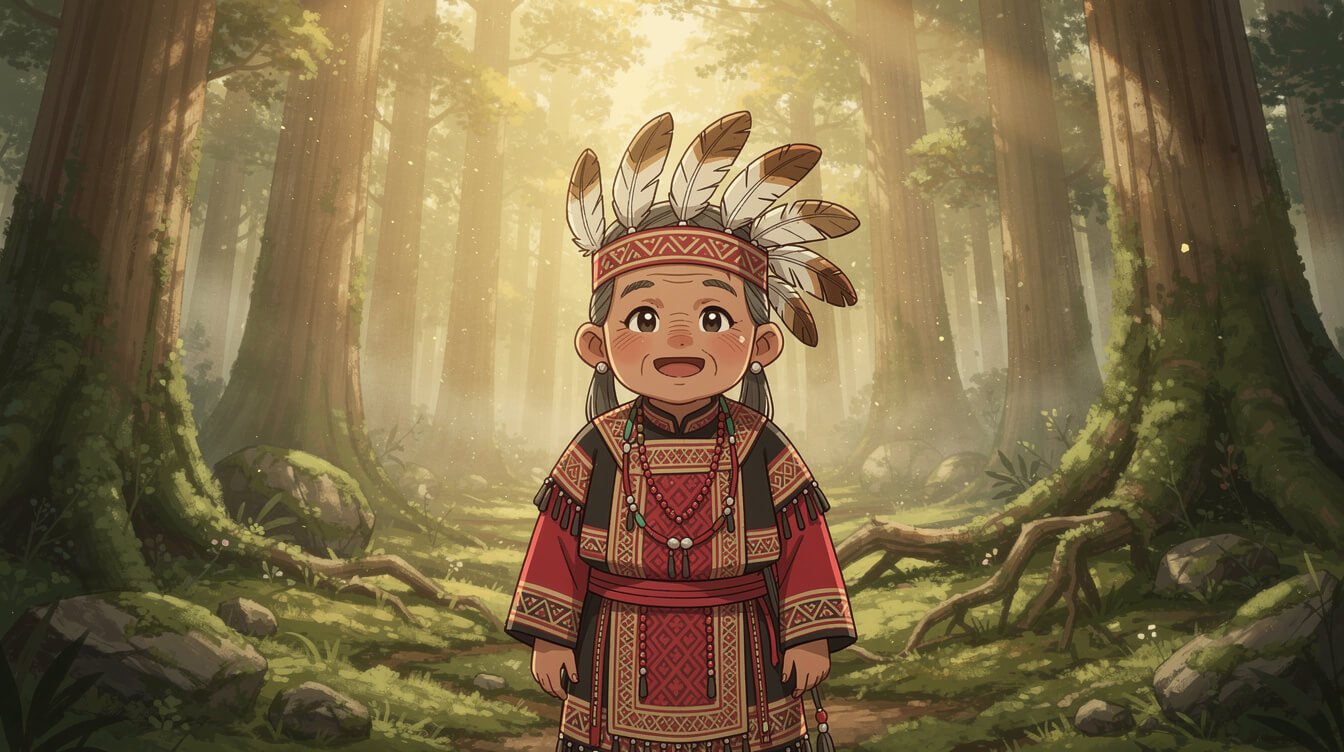 Tsou indigenous elder in traditional dress in Alishan cypress forest