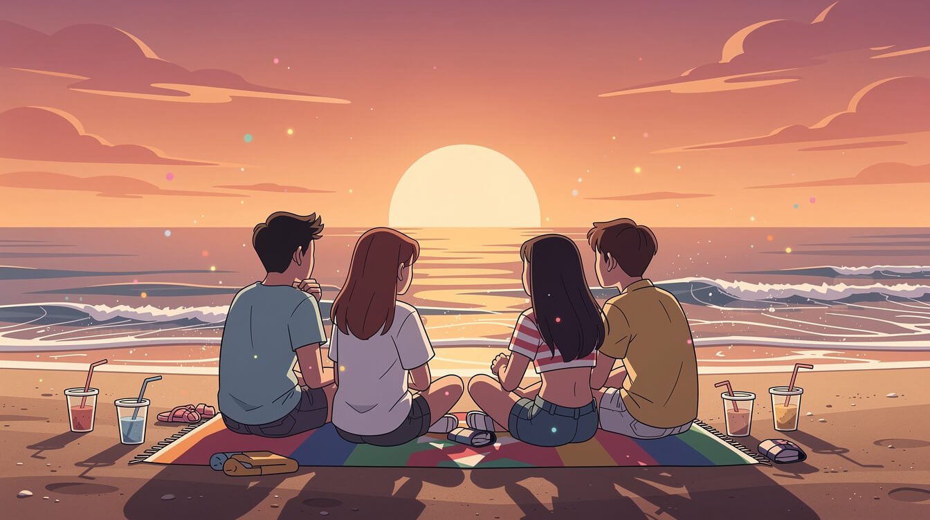 taiwan beach friends at sunset with towel and drinks