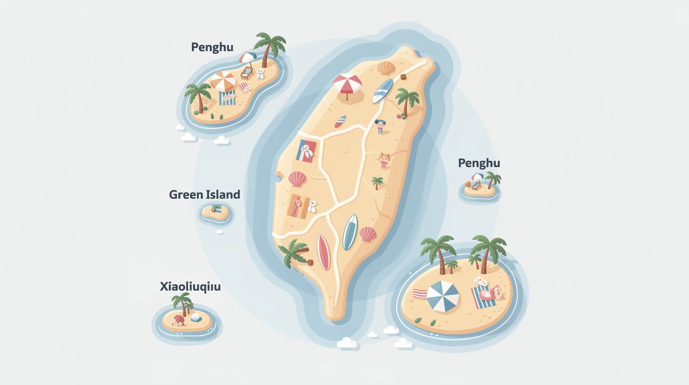 stylized illustrated map of Taiwan beaches by region