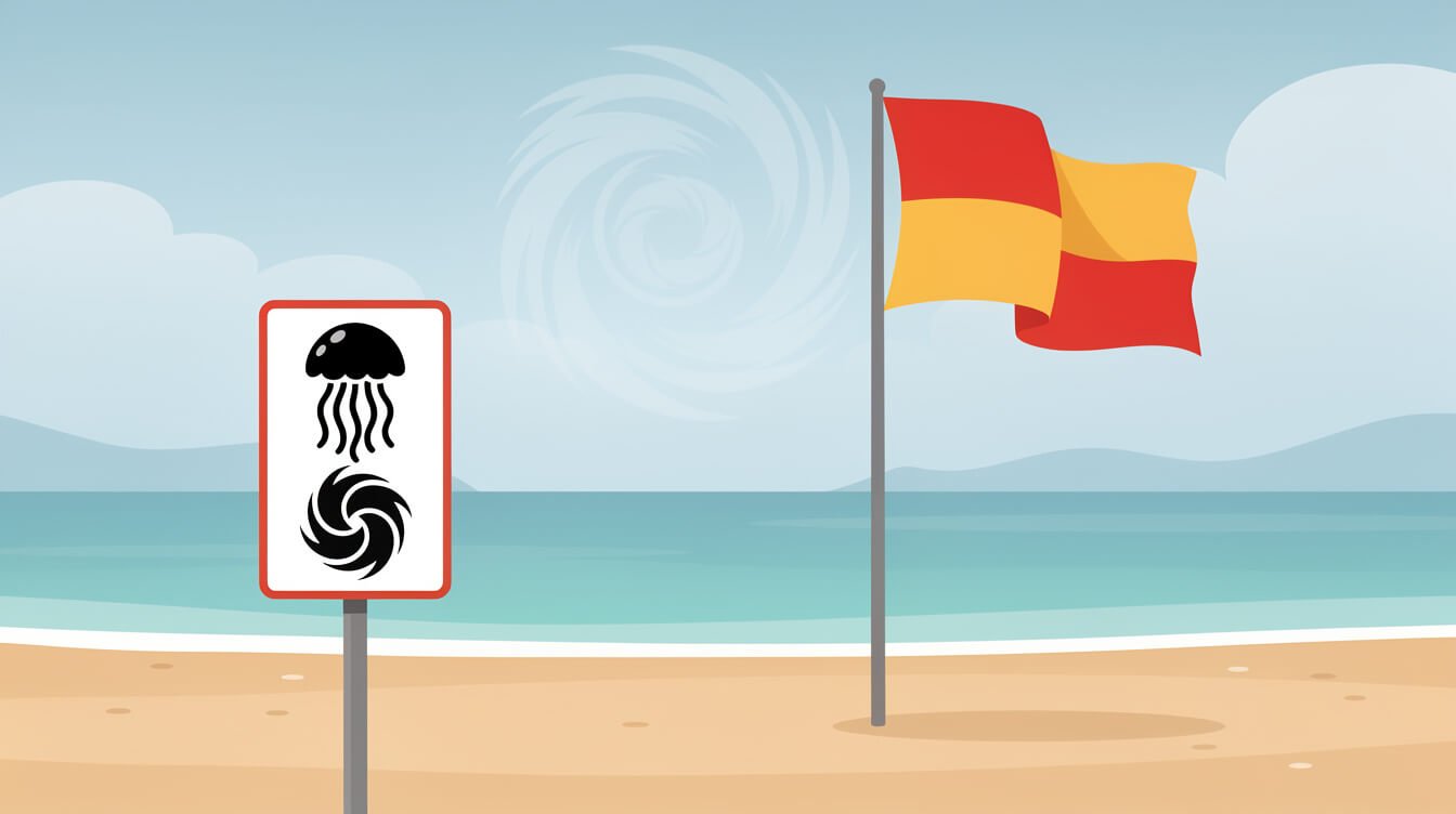 Taiwan beach lifeguard flag and jellyfish warning sign